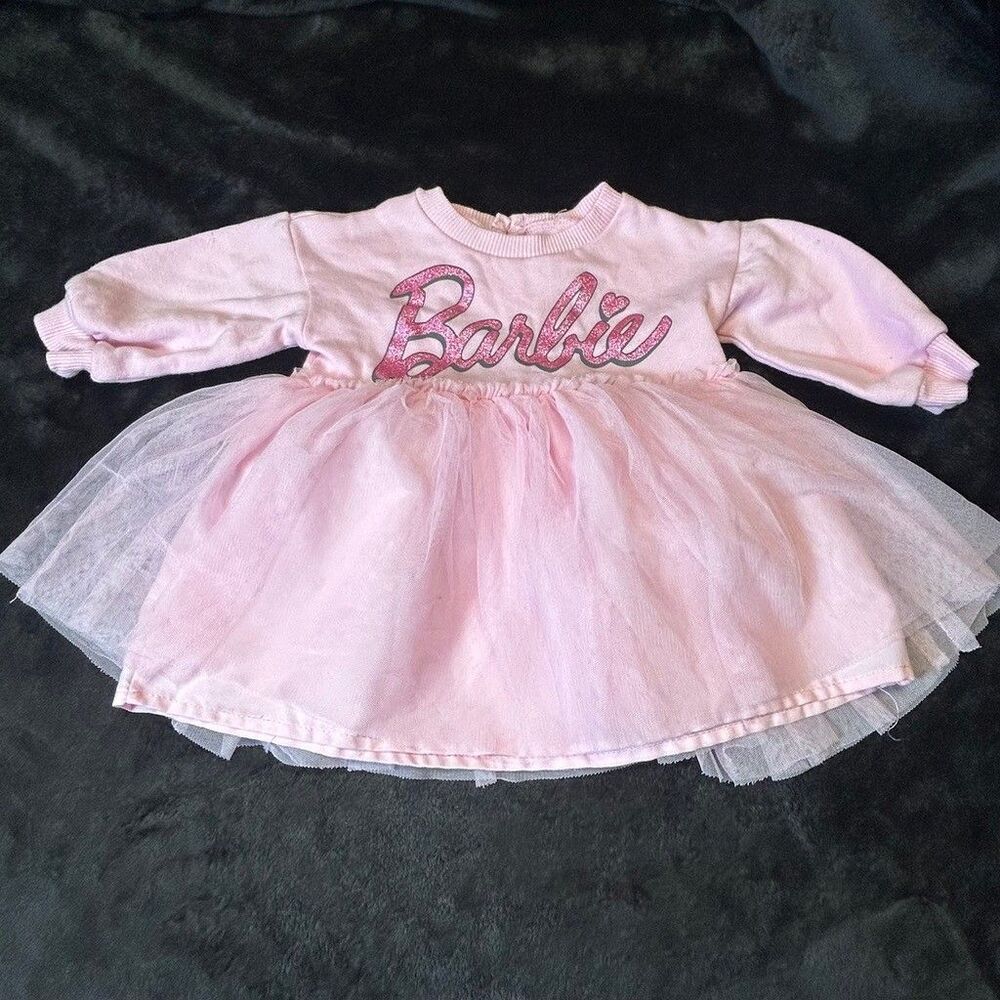 Barbie Baby Girls Pink Tutu Dress Size 6-9 Months Long Sleeve Glitter Logo